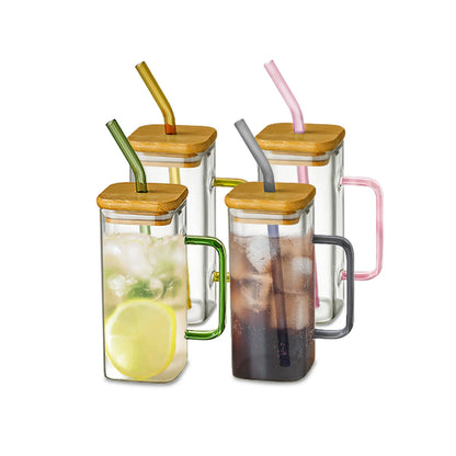 Square Glass Mug with Lid and Straw - 400ml