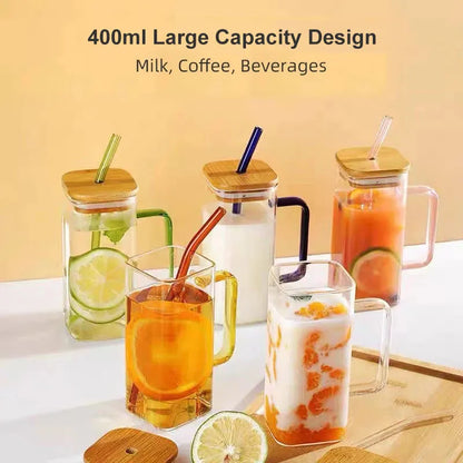 Square Glass Mug with Lid and Straw - 400ml