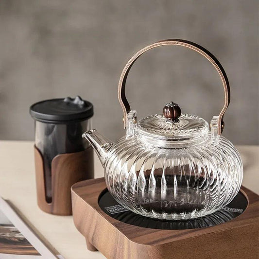 HMLOVE Glass Teapot Wood Handle Teawear Set Cup Filter Chinese Tea Ceremony High Boron Silicon Transparent Pumpkin Pot 900ML - The Cozy Cubicle